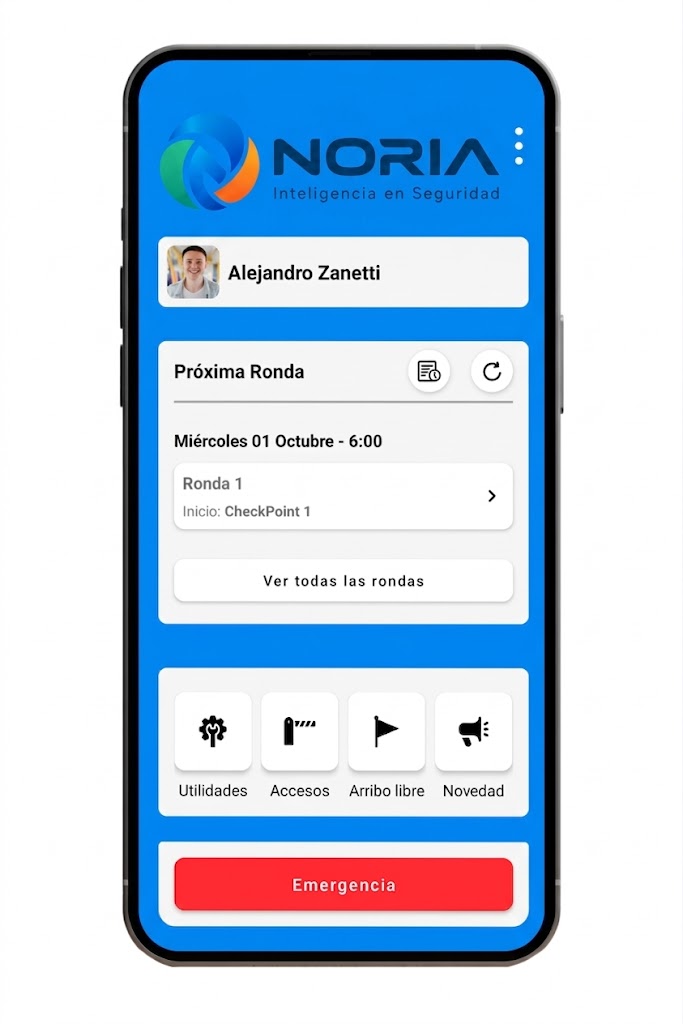 Pantalla principal de la app de Noria para guardias: próxima ronda, accesos, arribo libre, novedad y botón de emergencia